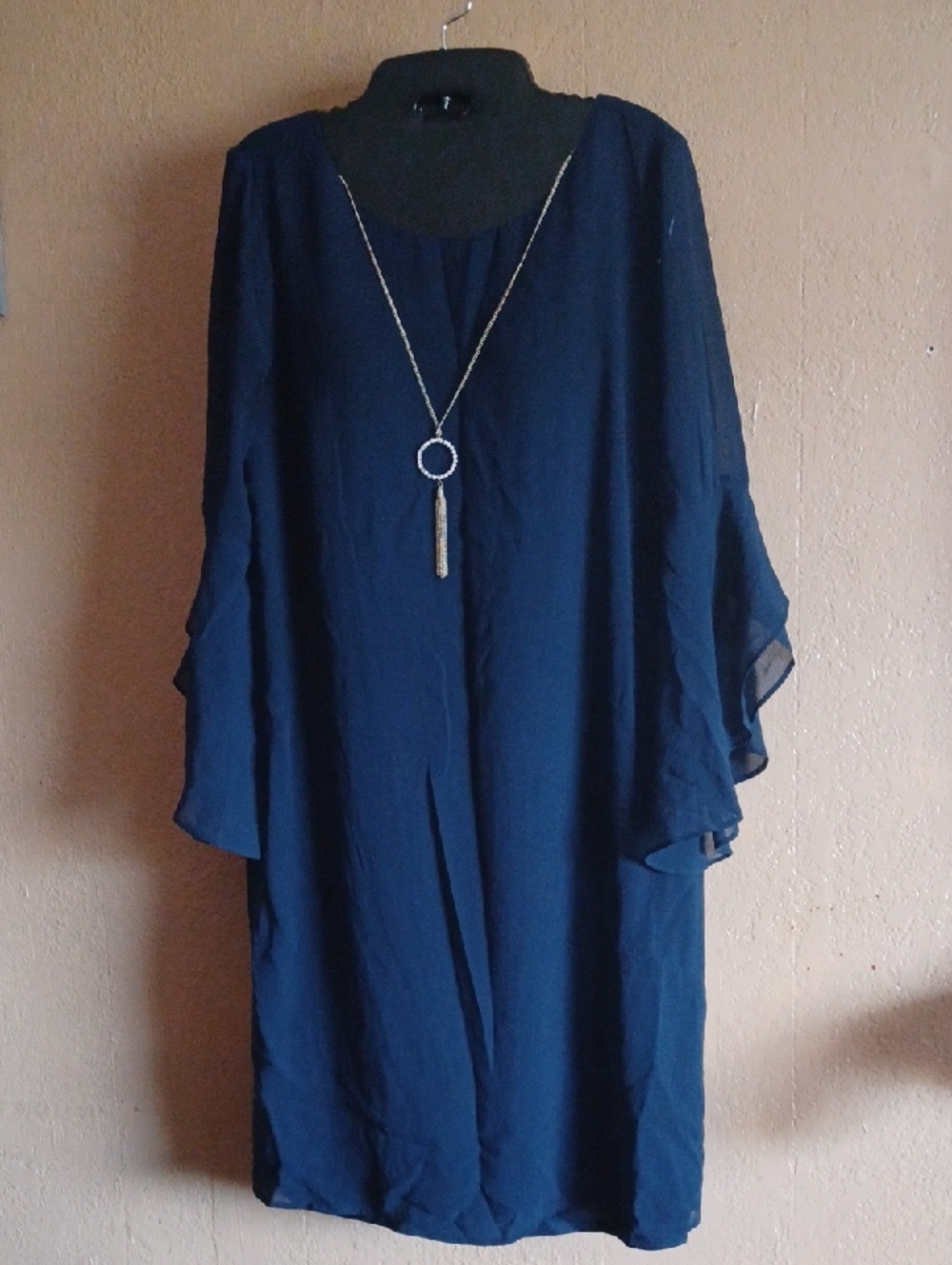 Navy Blue Sheer Sleeve Shift Dress